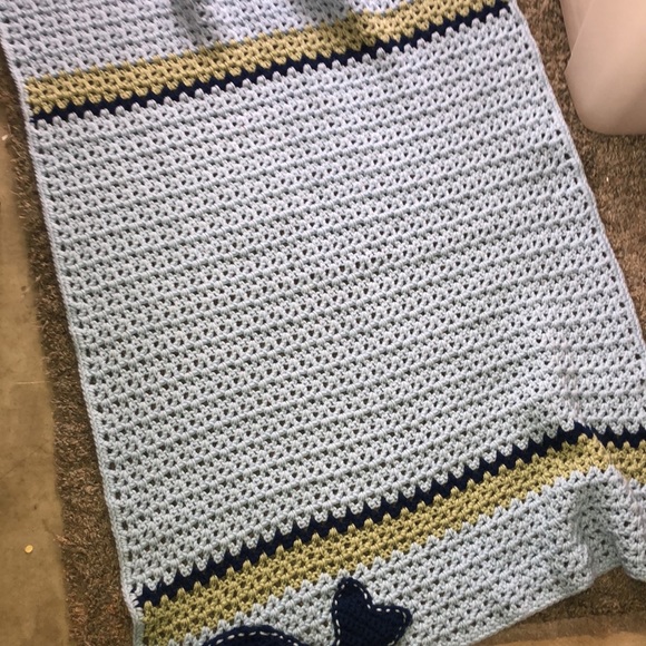 Hand made afghan/baby blanket. Blues and greens. With a whale on the bottom. - Picture 3 of 3
